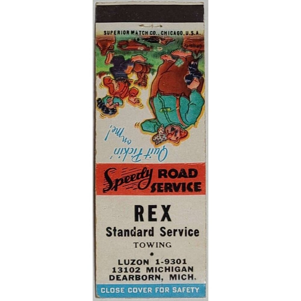 Matchbook Cover Rex Standard Service Towing Dearborn Michigan Hillbilly Cartoon